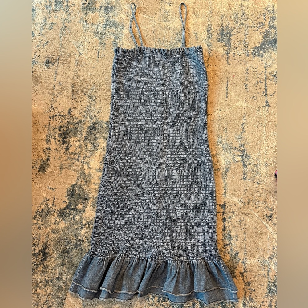 Girls Blue Denim Ruched Cami Spaghetti Strap Tube Smock Dress with Ruffle Bottom